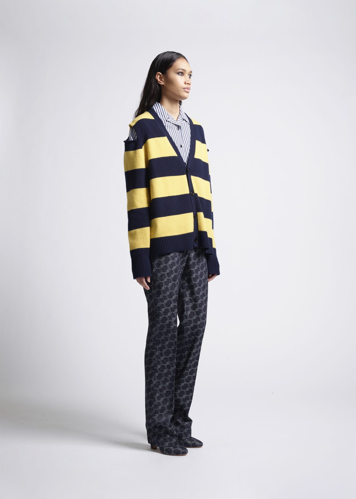 VplusY-navy-yellow-striped-cardigan-woman