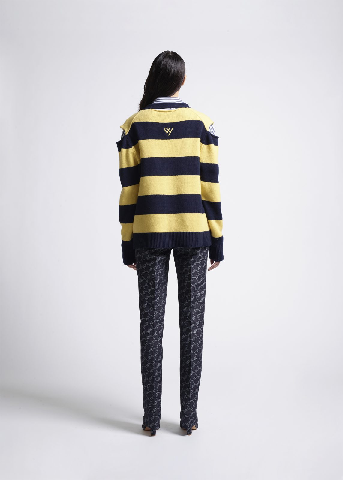 VplusY-navy-yellow-striped-cardigan-woman